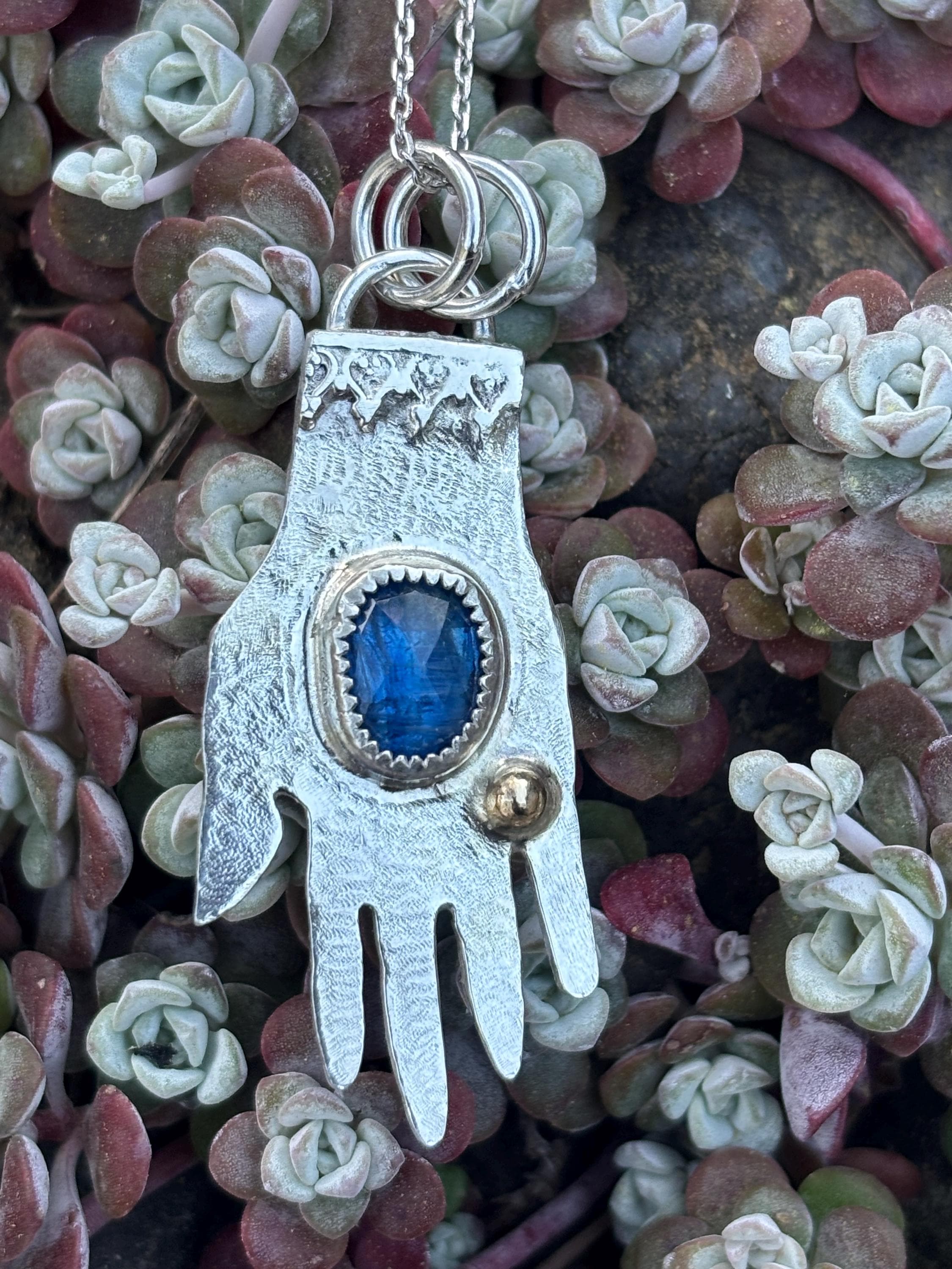Hand Kyanite Pendant - Sterling silver with 14k gold accent