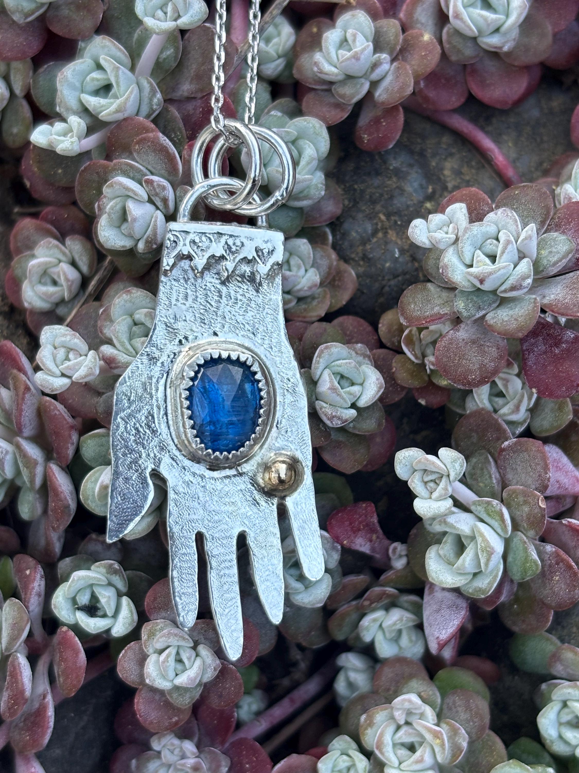 Hand Kyanite Pendant - Sterling silver with 14k gold accent