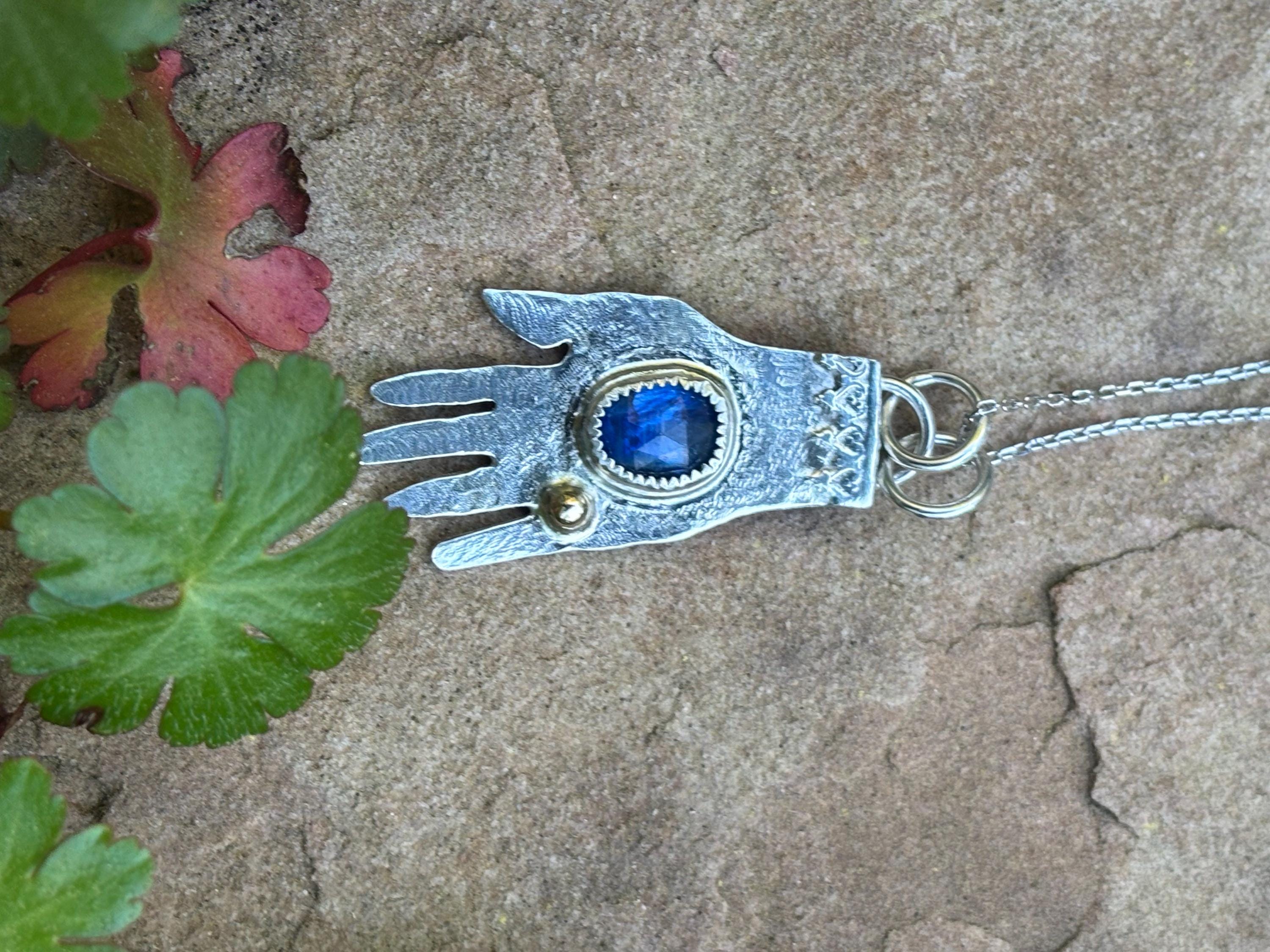 Hand Kyanite Pendant - Sterling silver with 14k gold accent